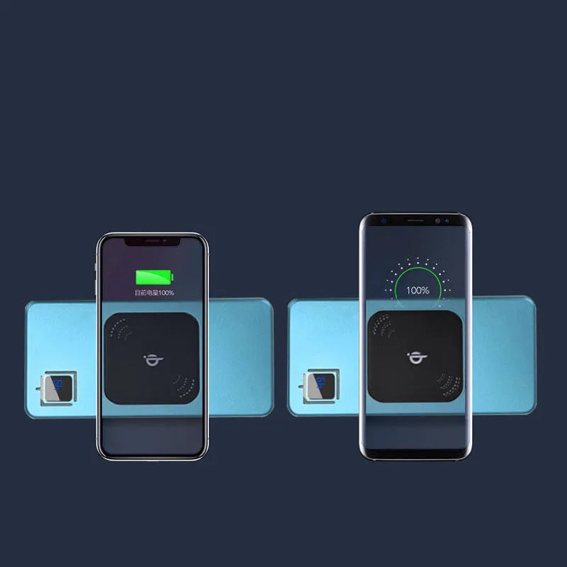 Silver alloy portable power bank with LCD screen showing battery percentage, alongside red and blue versions.