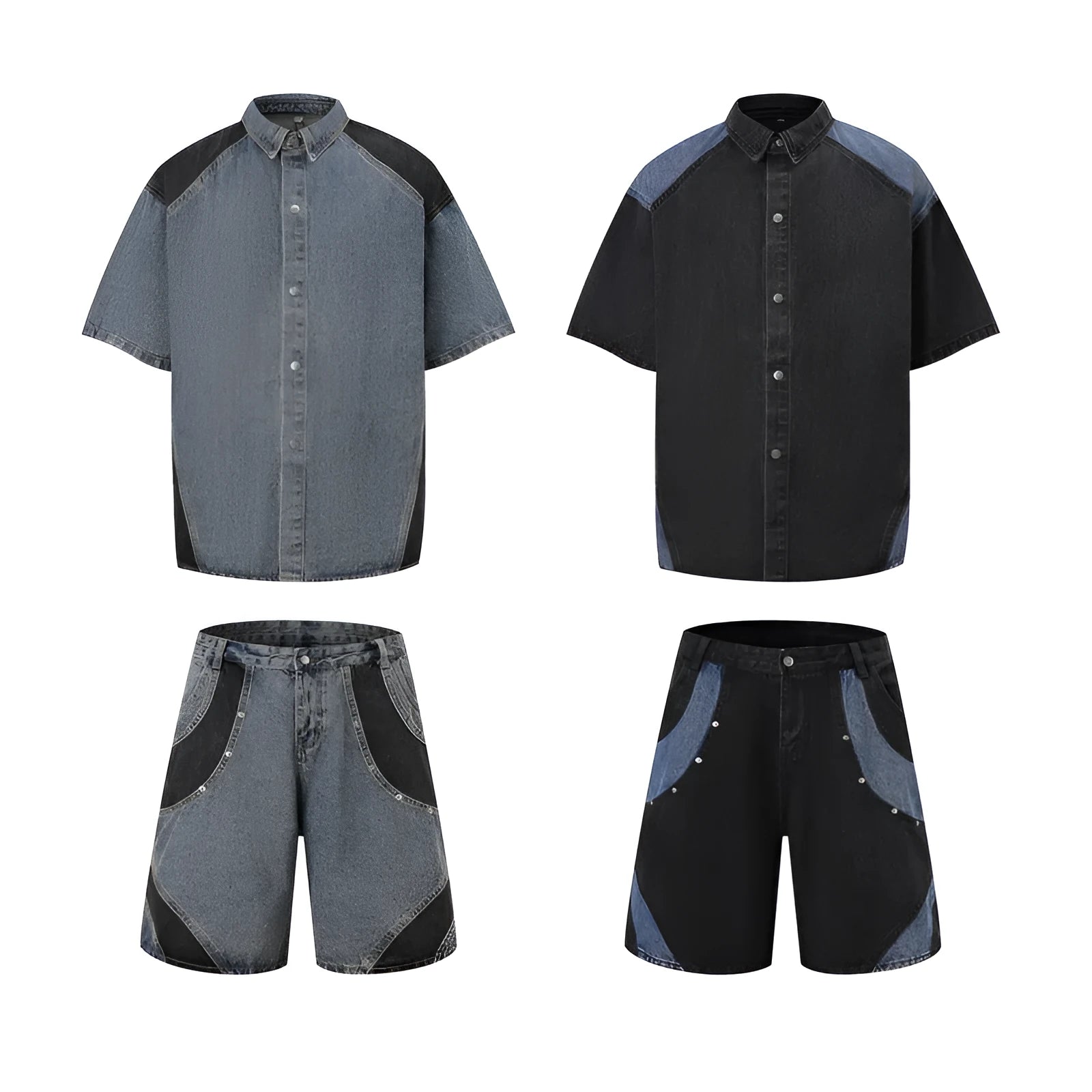 Retro washed denim jacket and trousers suit set in blue or black with short sleeves and loose fit