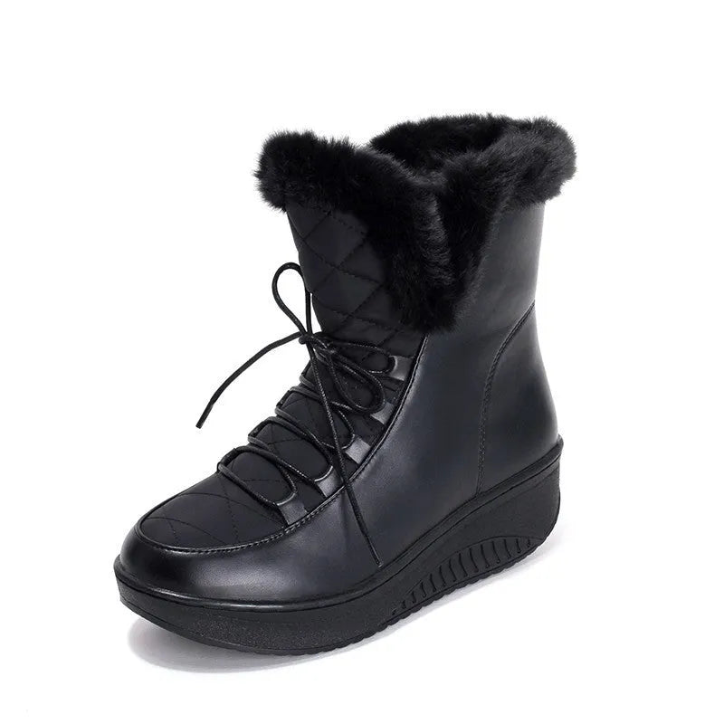 Women's black platform winter boots with lace-up closure and plush lining