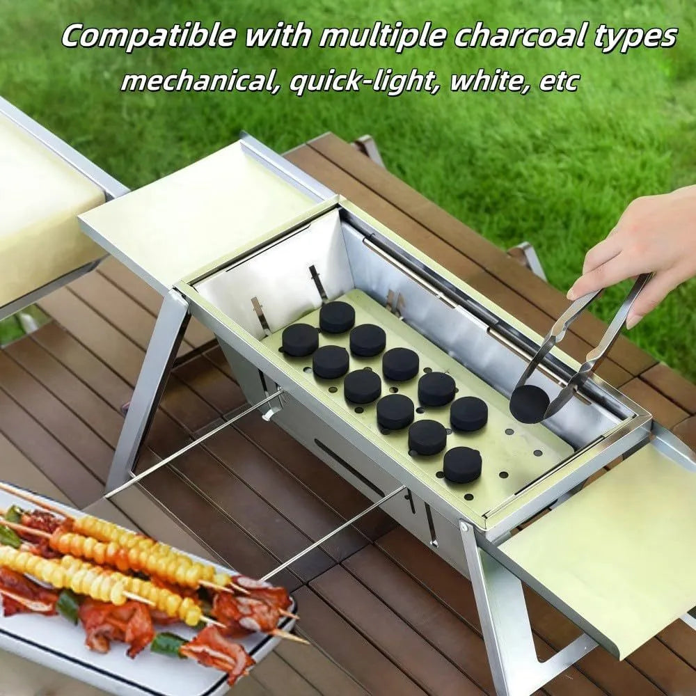 Small foldable portable charcoal grill shown open for use and folded for carrying.