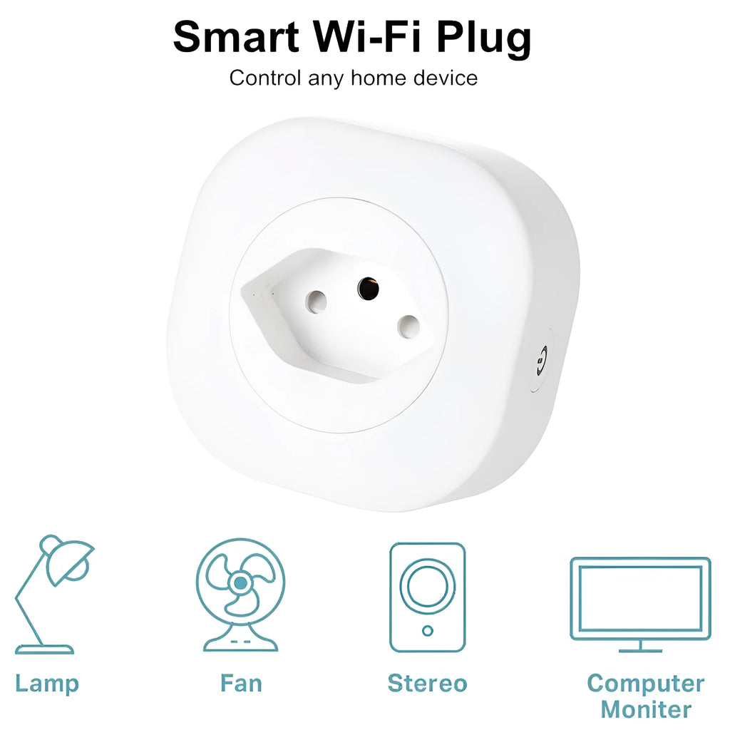 White Wi-Fi smart socket plug with EU style pins on a wooden table