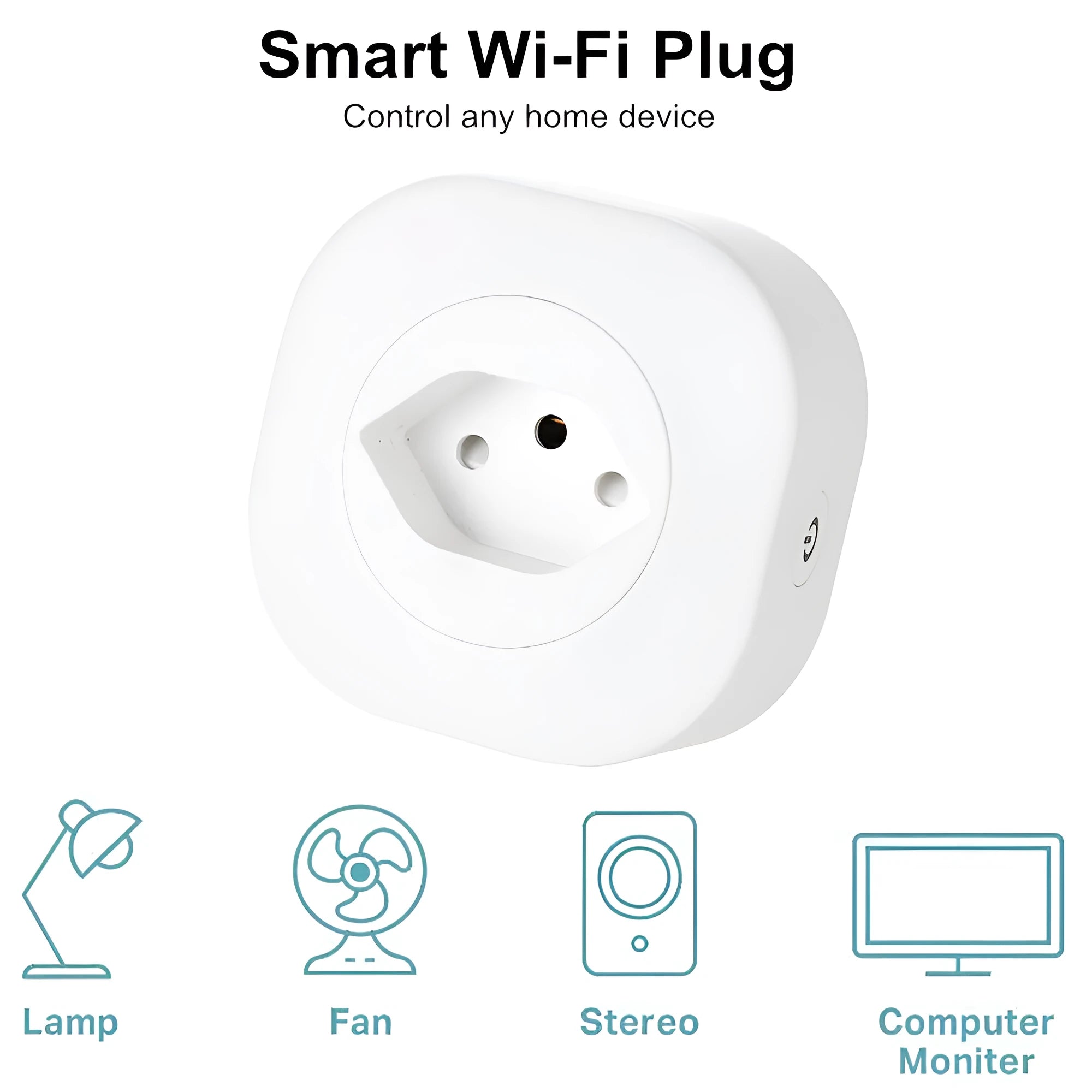 White Wi-Fi smart socket plug with EU style pins on a wooden table