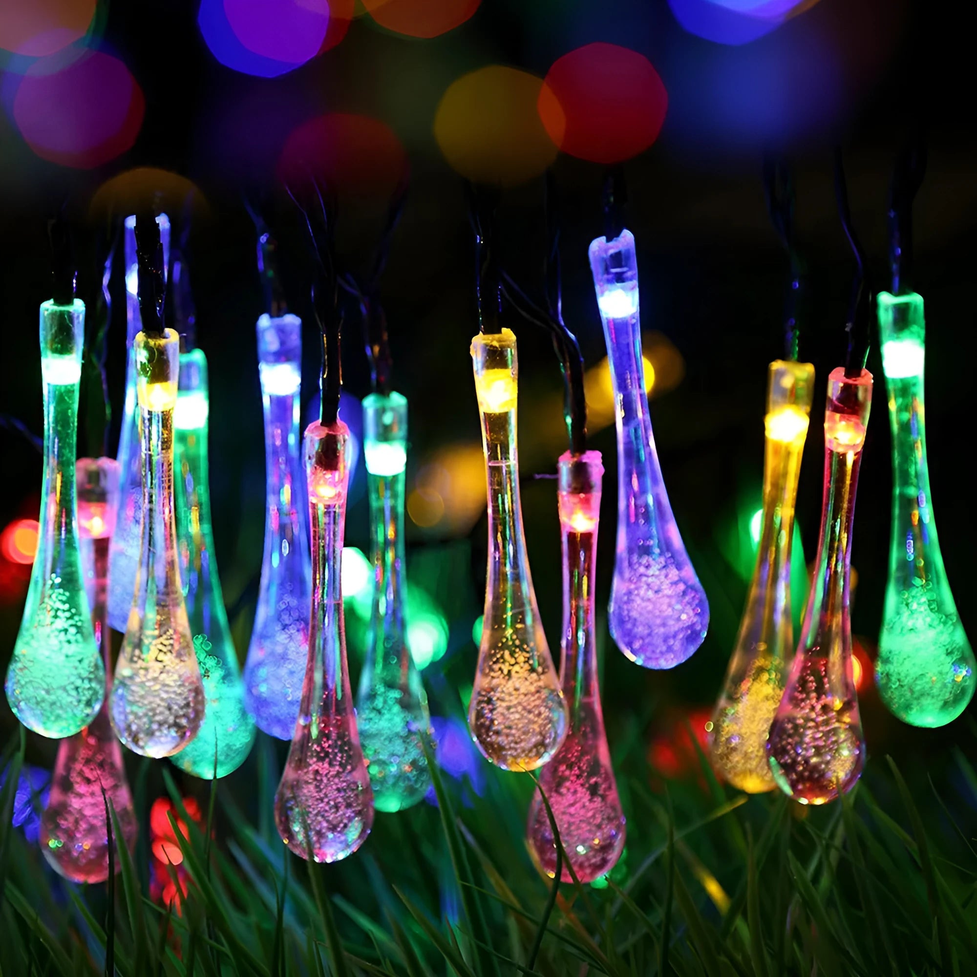 6.5 metre solar LED fairy lights with 30 warm white bulbs and bubble drop pendant design