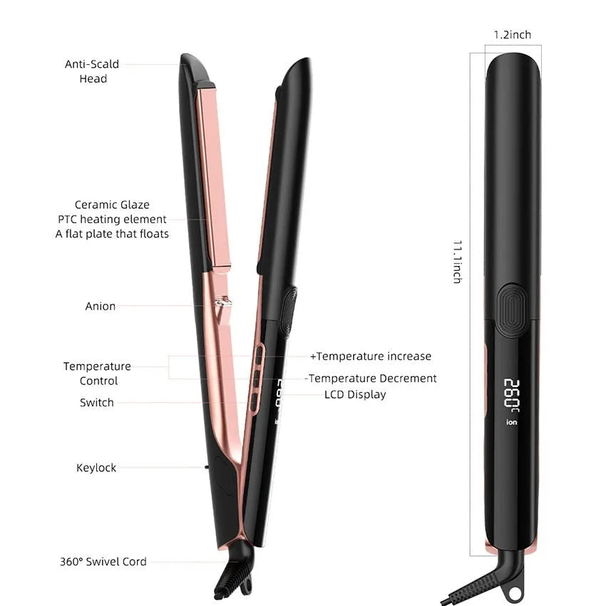 Hair straightener with negative ion technology and temperature display showing 207°C