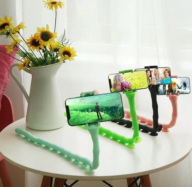 Flexible lazy bracket phone holder with extended 62cm arm showing 360° rotation capability