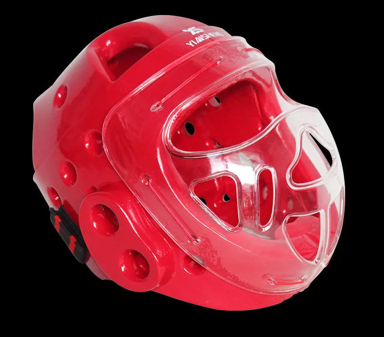 Karate helmet protective equipment in white, blue, or red colour with S, M, L, XL sizing options