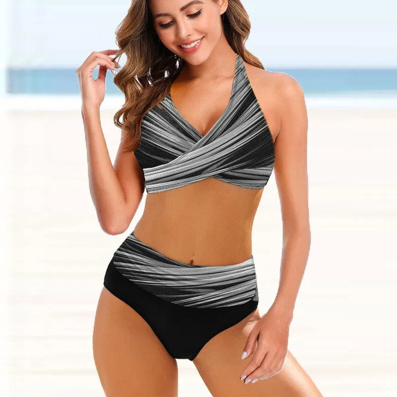 Women's striped tie-dye hollow bikini set with high-waisted briefs in European style