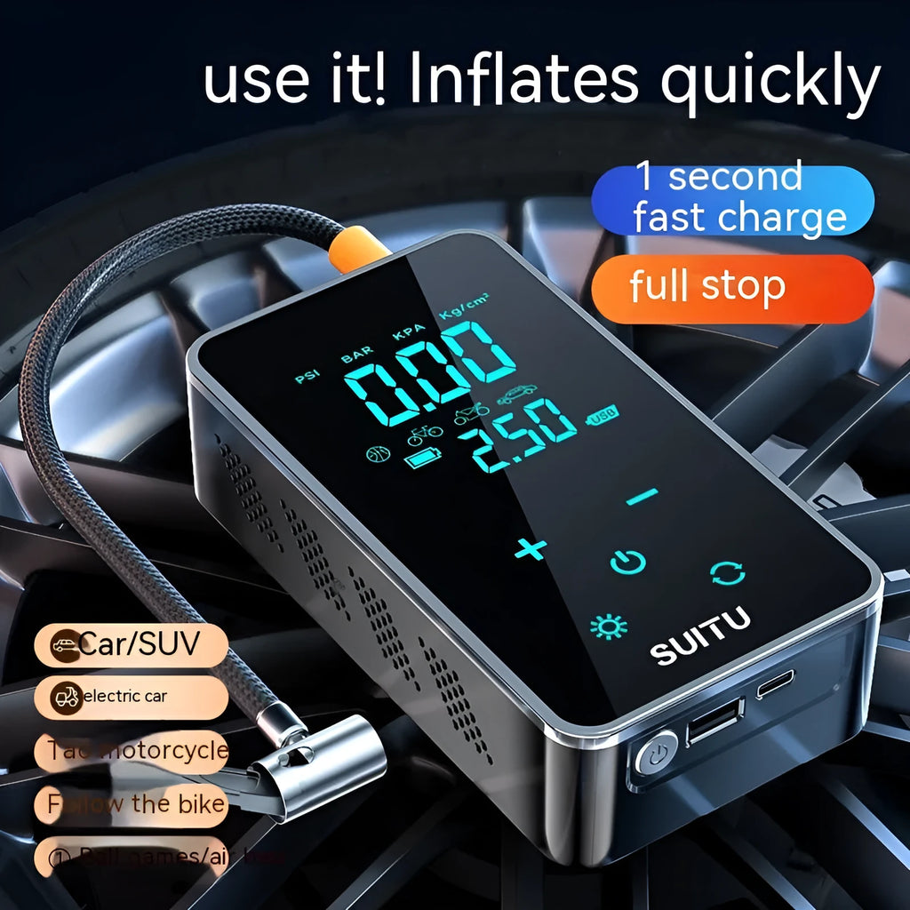 Compact wireless car tire inflator with LCD screen display and Type-C charging port shown with nozzle accessories