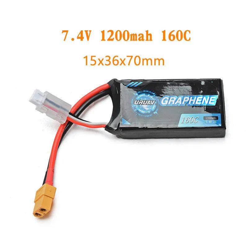 7.4V 1200mAh lithium battery for RC model cars and ships measuring 15x36x70mm
