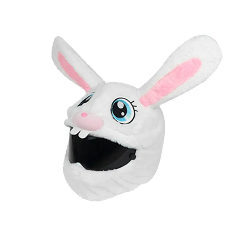 White plush rabbit head decorative cover for an electric motorcycle helmet.
