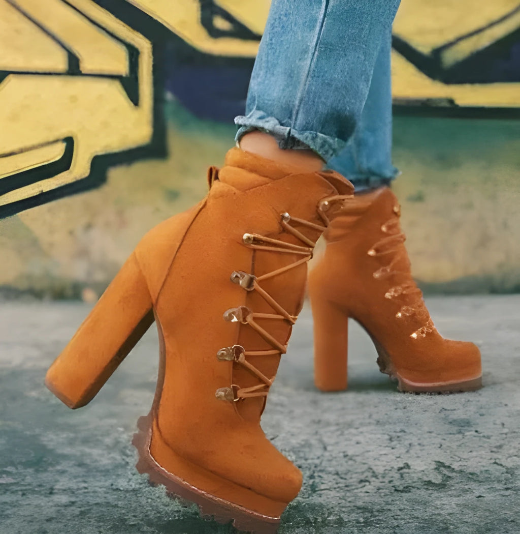 Women's suede ankle boots with a thick high heel, round toe, and decorative buckle on a waterproof platform.