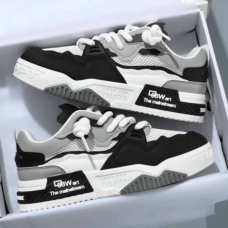 Men's low-top board shoes in white and yellow, white and black, and beige colourways with mesh lining