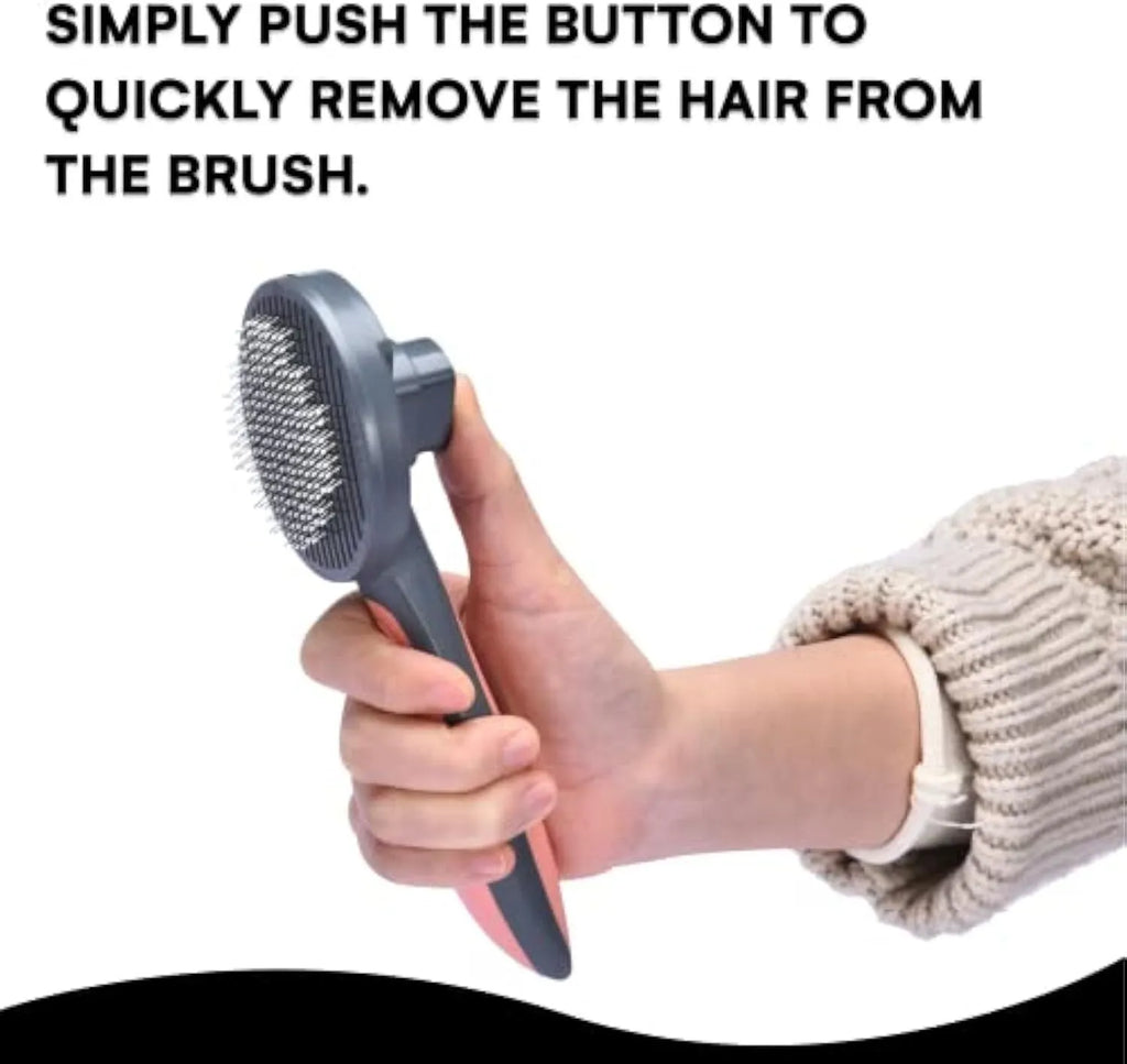 Grey self-cleaning slicker brush for pets with a one-click button and massage-tipped bristles on a white background