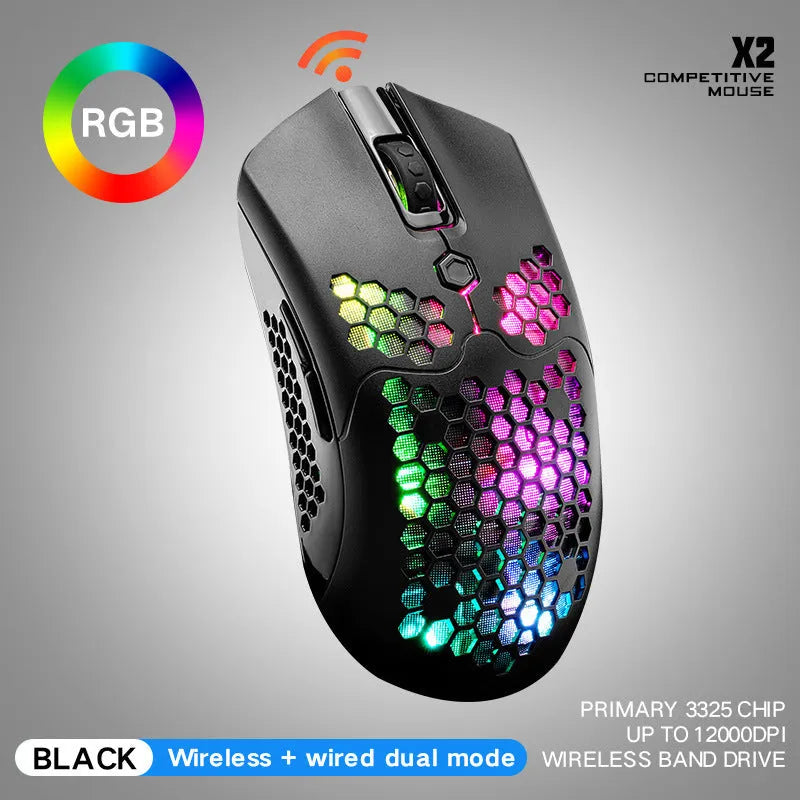Free Wolf X2 wireless RGB gaming mouse in black, green, pink, white, or yellow with magnetic charger.