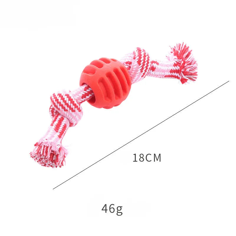 Blue molar-shaped dog chew toy with natural rubber rope attachment for dental cleaning