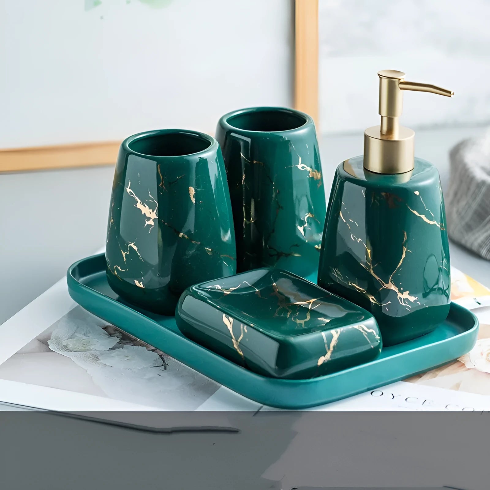 Ceramic bathroom wash set in black, blue, or white with a smooth porcelain finish and light luxury decal styling.