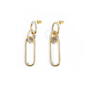 Geometric sterling silver needle colour hoop drop earrings with ring and line design on a white background.