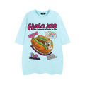 White loose-fit cotton t-shirt featuring a colourful cartoon print of a hamburger and a dog.