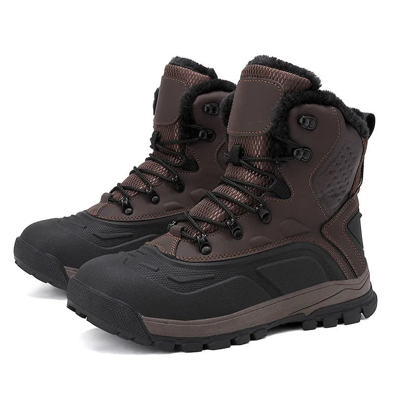 Black plus size men's high-top boots with fleece lining, flat heel, and front lace-up design on a ribbed TPR sole.