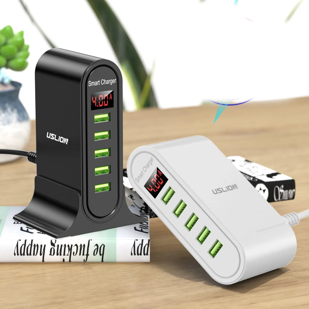 Smart LED digital display USB charger showing voltage parameters with multiple plug style options