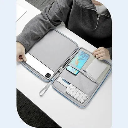 Black leather-look tablet protective case with a top carry handle, shown closed.