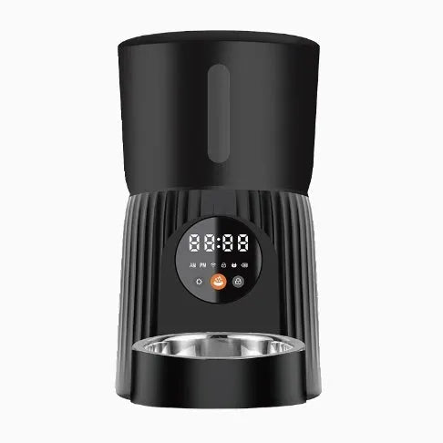 Black and white intelligent pet feeder with automatic timing and remote feeding functions