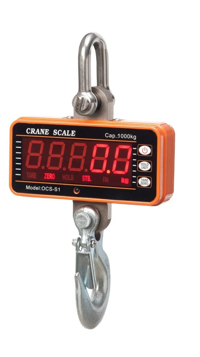 Orange electronic crane scale with digital display for industrial weighing up to 500kg capacity