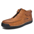 Men's leather slip-on loafers in black brown or grey colours showing round toe and rubber sole design