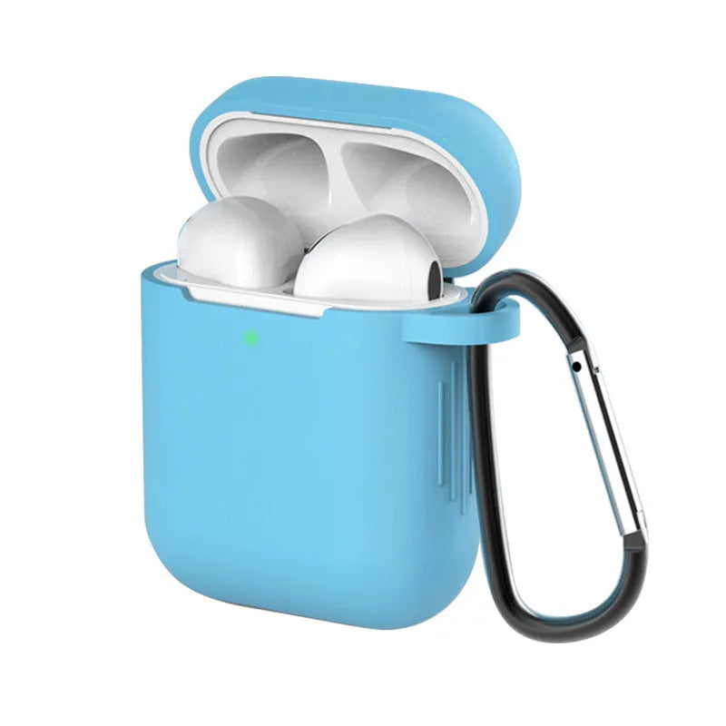 Liquid silicone clamshell cover for Apple AirPods first and second generation charging case.