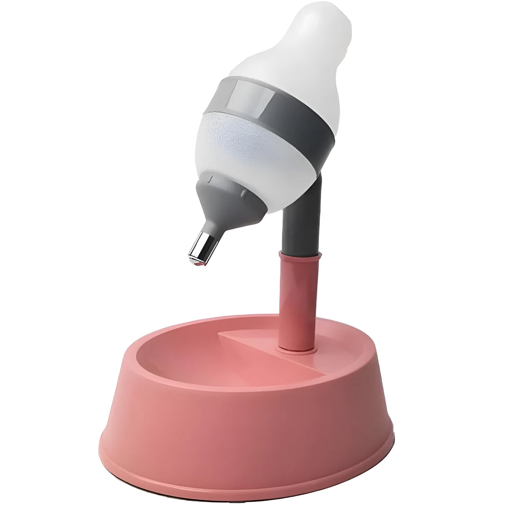 Grey adjustable height pet water dispenser with detachable pole and separate bowl on a wooden floor.