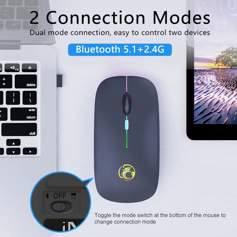 Luminous charging Bluetooth dual-mode wireless silent mouse in black or white with adjustable DPI