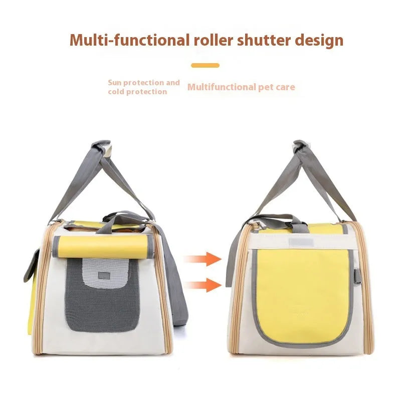 Foldable canvas pet shoulder bag shown in black, green, and yellow colour options