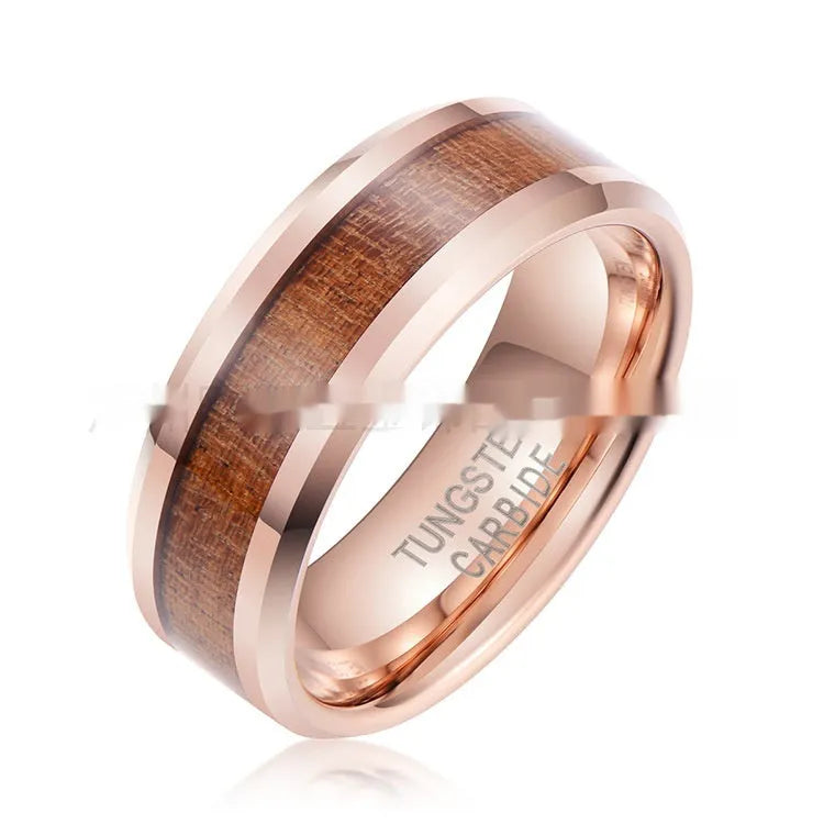 Men's Ugyen and leather ring with 8mm wide band, U-shaped design, in rose gold or steel colour.