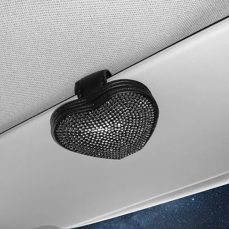 Car sun visor glasses clip made of PU leather with diamond encrusted design in various colours holding sunglasses