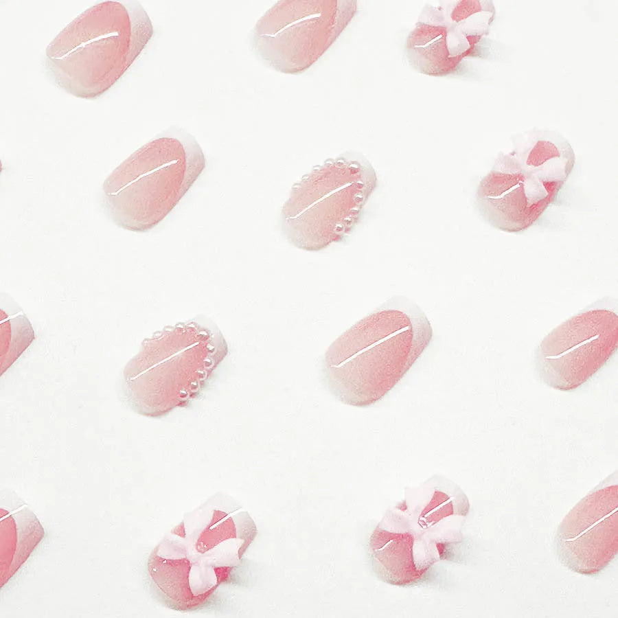 French manicure nail art set with bow, tulip, and leopard print designs for short nails