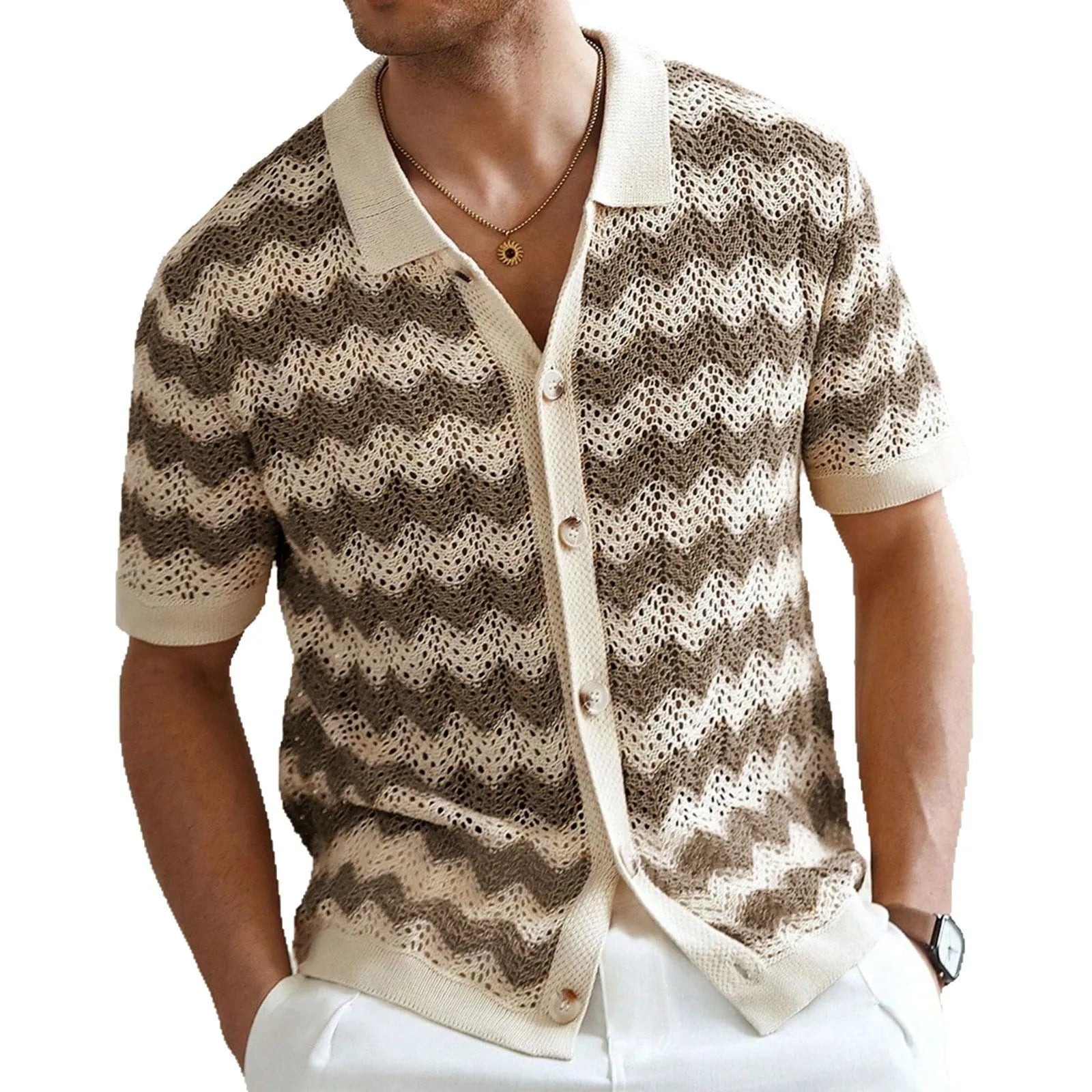 Yellow American-style corrugated short-sleeve sweater with flocking detail on a hanger