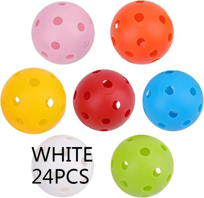 Multi-colour 42mm PE golf practice balls with 26-hole design in net pocket