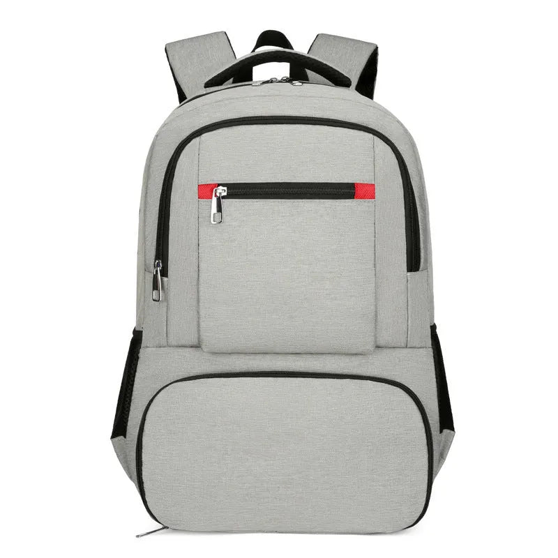 Insulated Oxford cloth backpack in grey with curved shoulder straps and multiple compartments