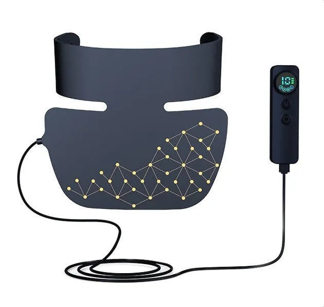 Black four-colour LED photon beauty mask with neck care function and infrared therapy for home use.