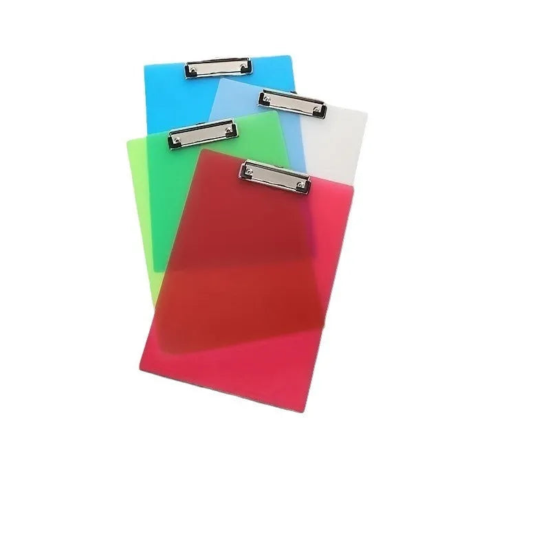 A4 and A5 transparent PP writing board with metal clip, shown in multiple colour options.