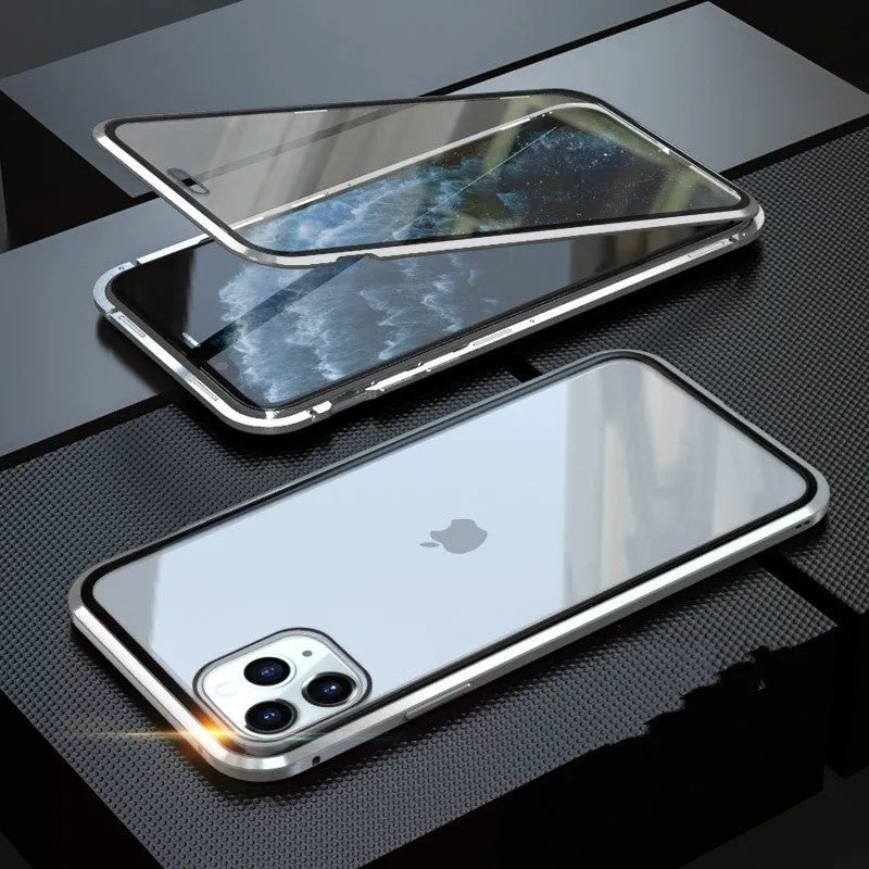 Black glass clamshell anti-spy phone case with a geometric pattern for iPhone.