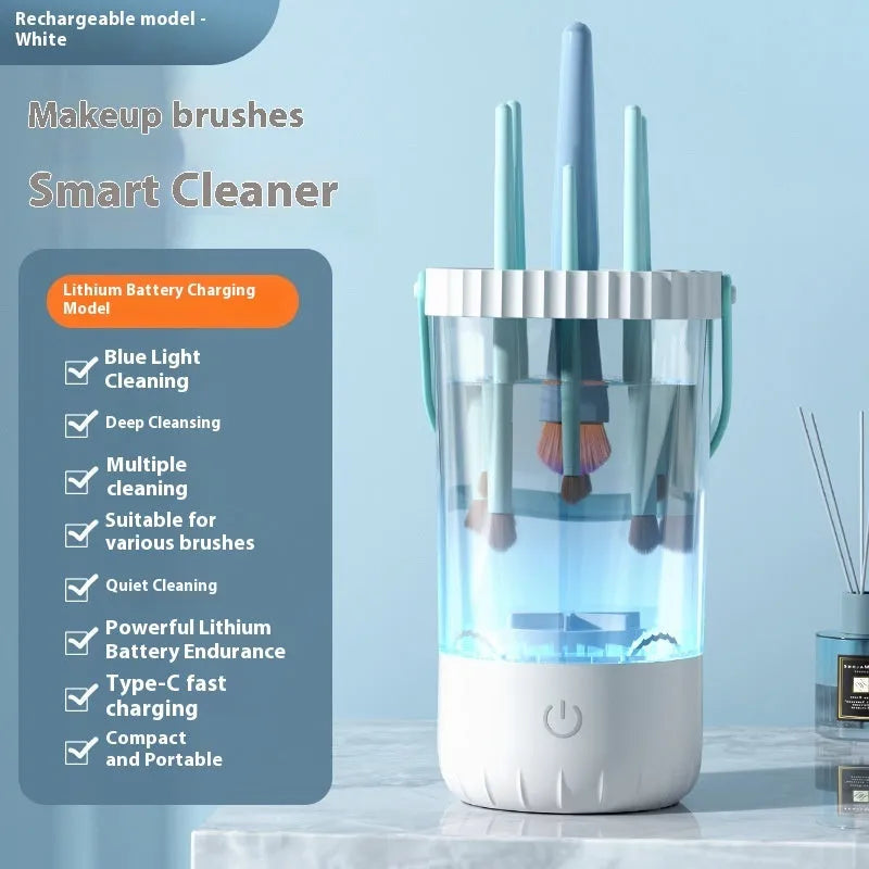 White rechargeable electric makeup brush cleaner with plastic housing and USB cable