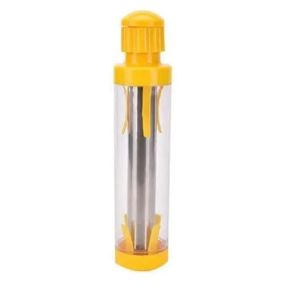 Yellow cylindrical corn stripper kitchen tool with ABS and stainless steel construction.