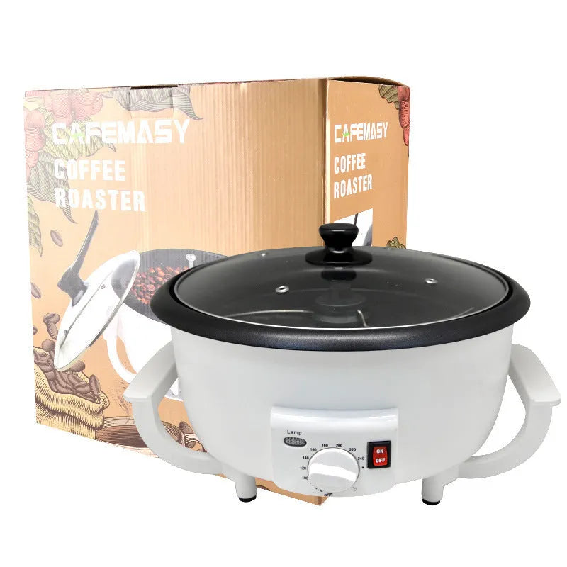 White oblate coffee roasting machine with 750g capacity and 225mm base diameter