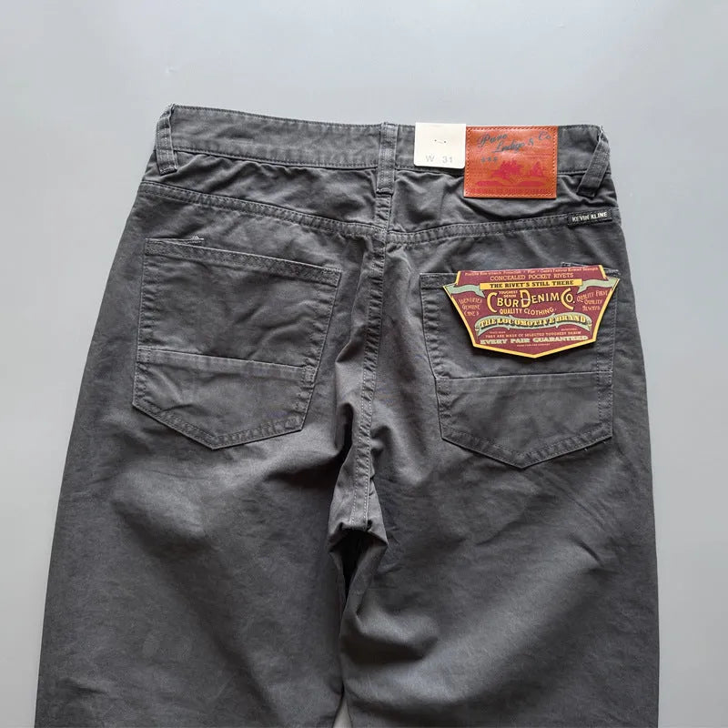 Men's straight-leg cotton trousers in American retro style showing grey, army green, and khaki colour options