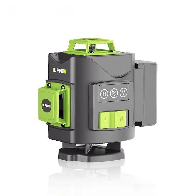 16-line green laser level with compact black housing showing multiple laser projections for alignment