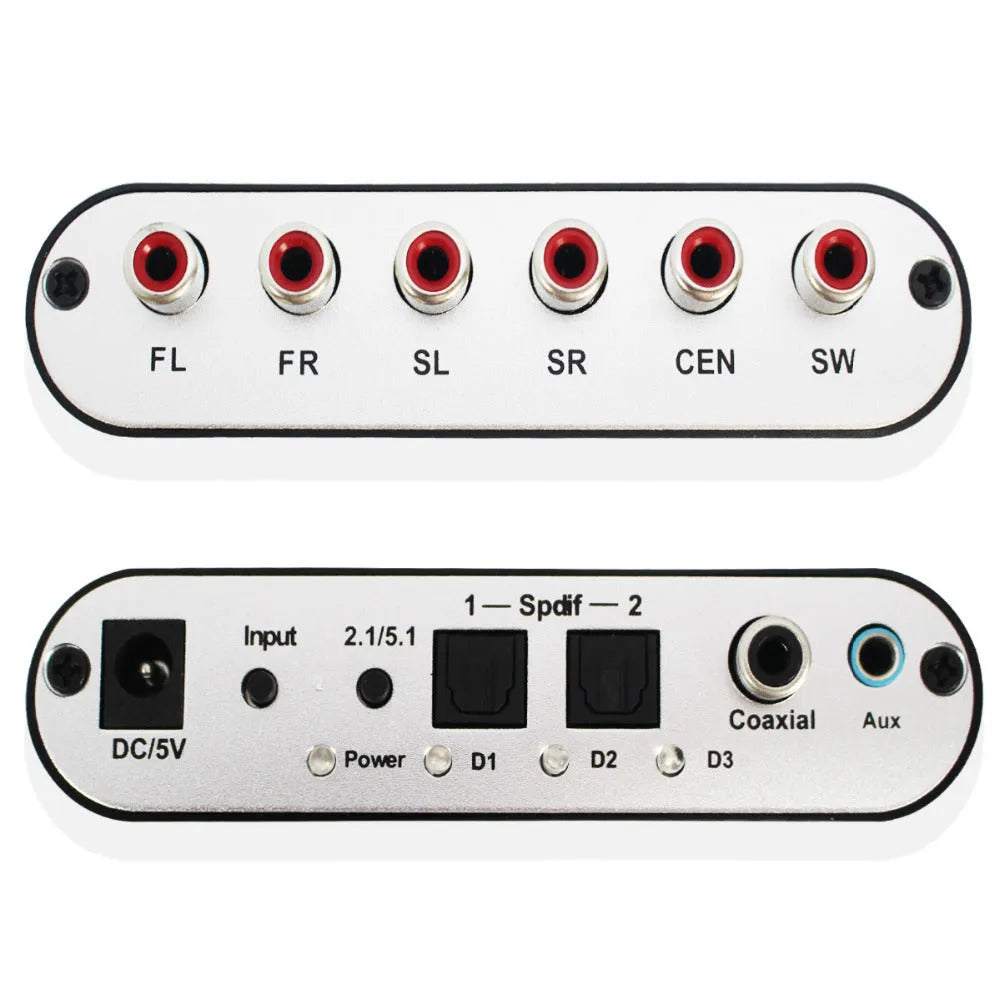 Black DTS Dolby Digital audio decoder with optical, coaxial, and stereo inputs