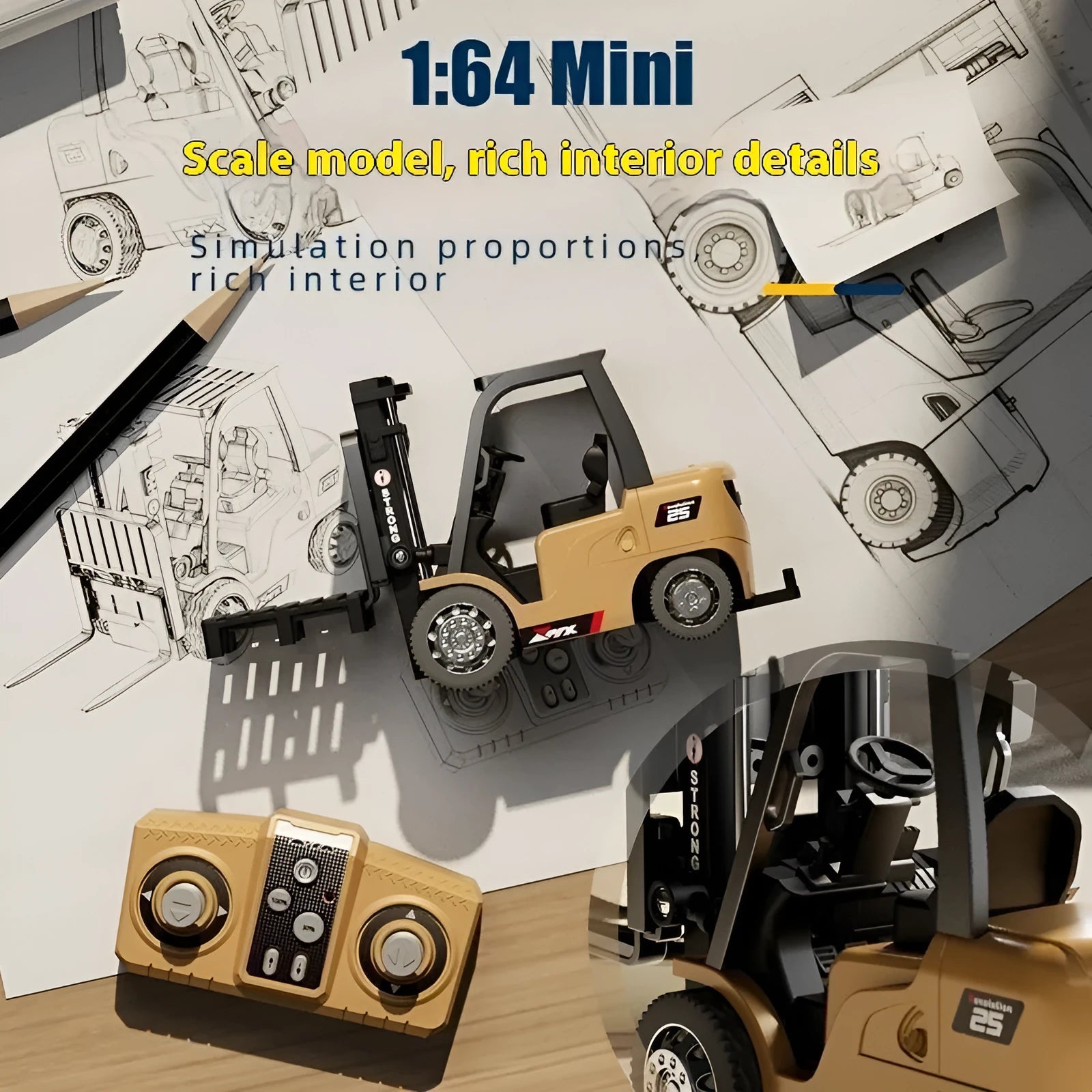 1:64 scale mini alloy forklift toy with remote control and cargo accessories on pallet