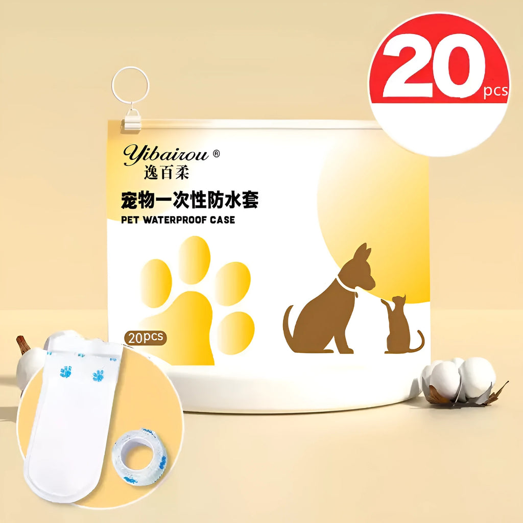Pack of 20 white disposable waterproof shoe covers for dogs on a blue background