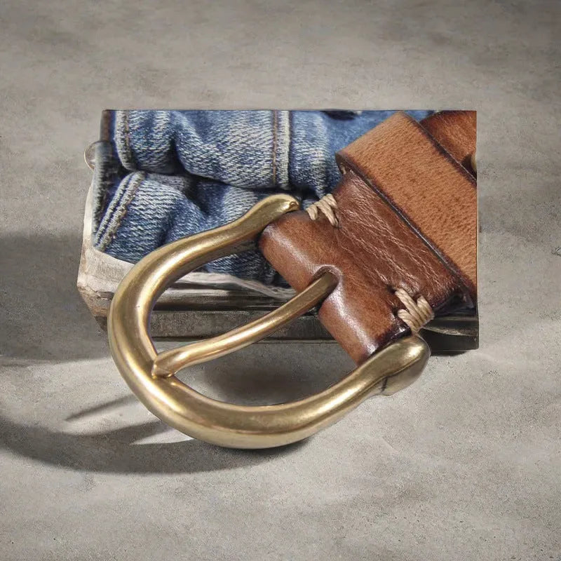 Men's cattlehide leather casual belt with copper pin buckle in black brown khaki colours